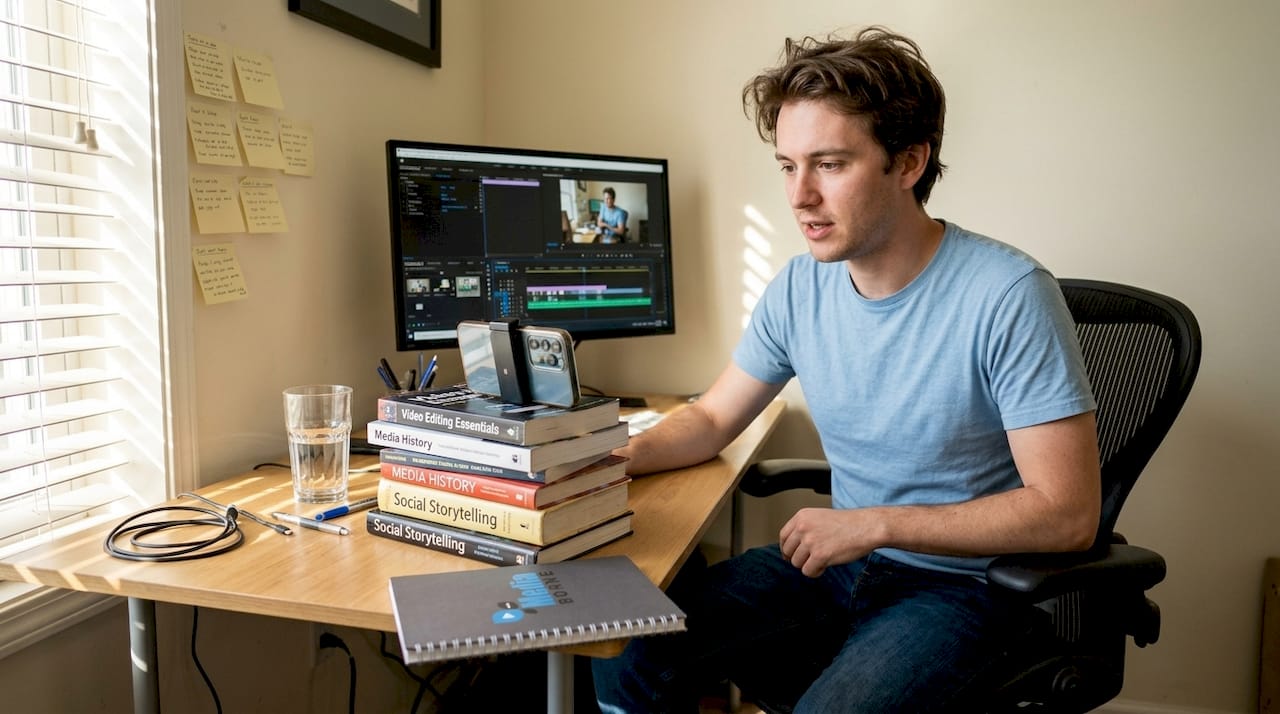 Man filming short video in home office