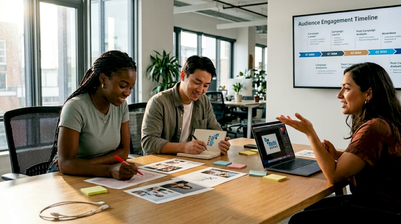 Creative team reviewing branded project together