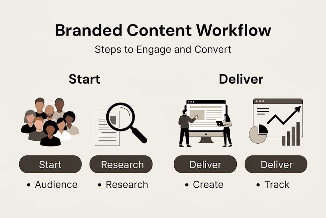Branded content workflow infographic with main steps
