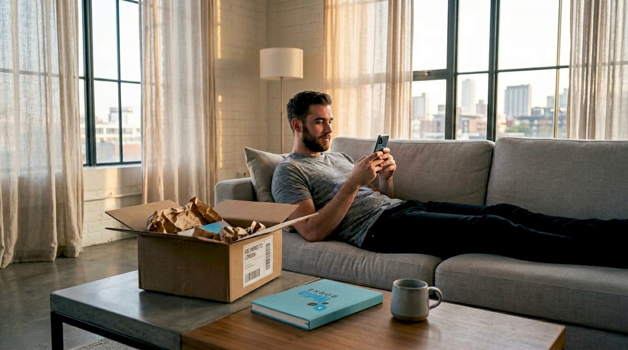 Man scrolling TikTok Shop on sofa with package nearby