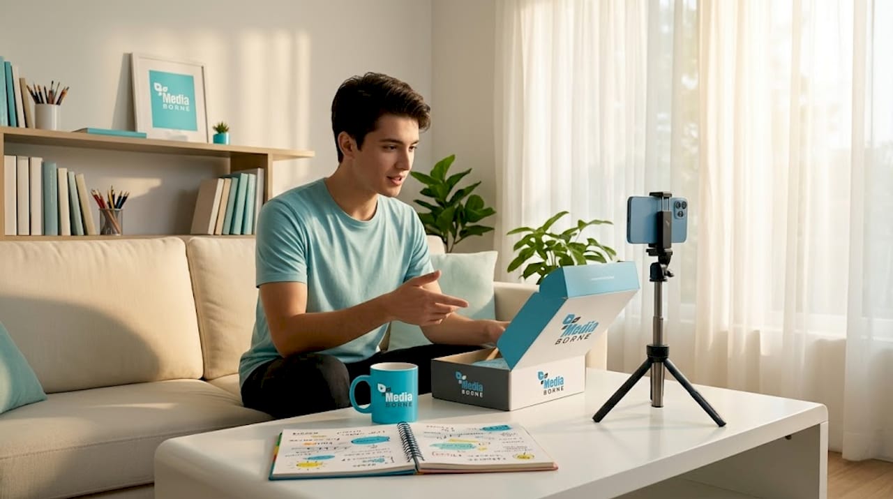 Content creator filming product unboxing at home
