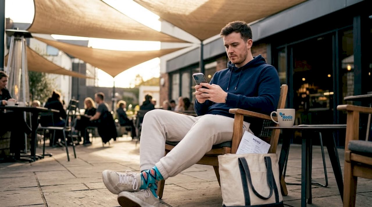 Young man checks ecommerce stats on smartphone bench