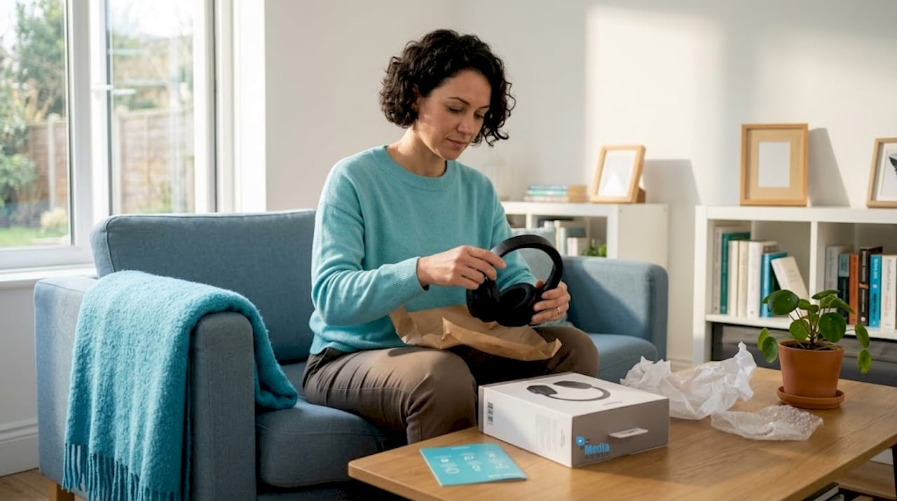 Woman unboxing headphones on sofa