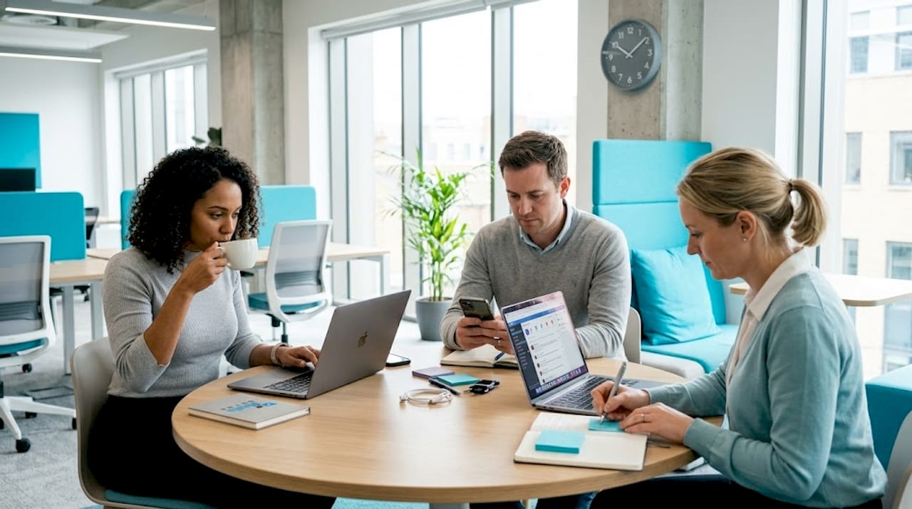 Team reviewing messages in casual meeting area