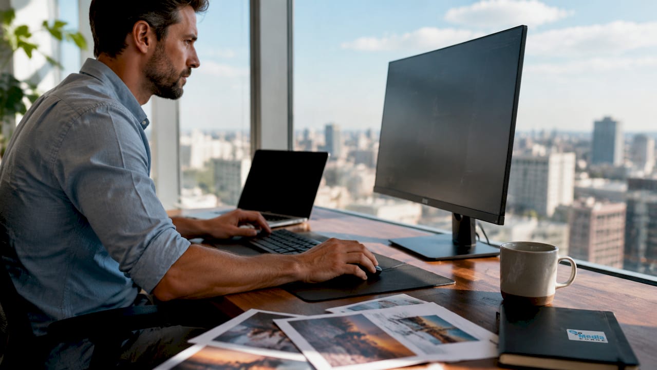 Man managing digital media files at bright office desk