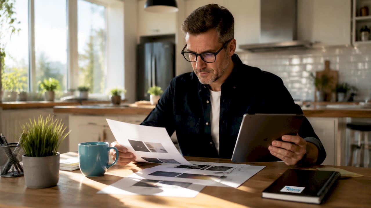 Marketer reviewing content for repurposing at desk