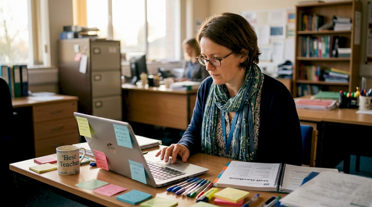 Teacher checks student results on laptop