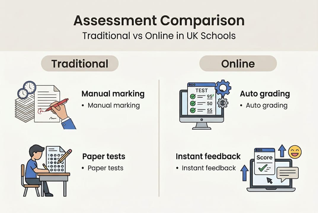 Infographic compares traditional versus online assessment
