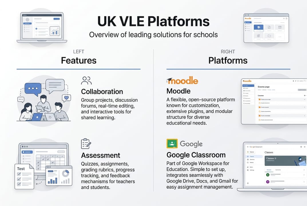 Infographic about UK school VLE platforms and features
