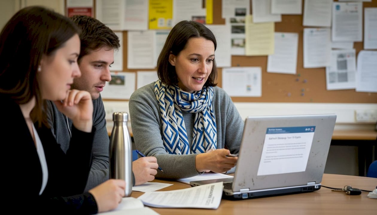 Teachers discuss digital lesson plan in staffroom