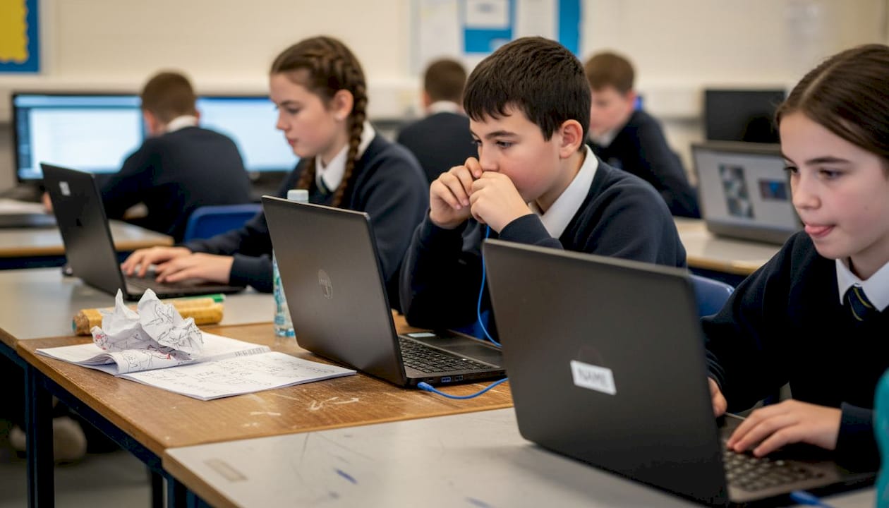 Pupils using laptops in school IT room