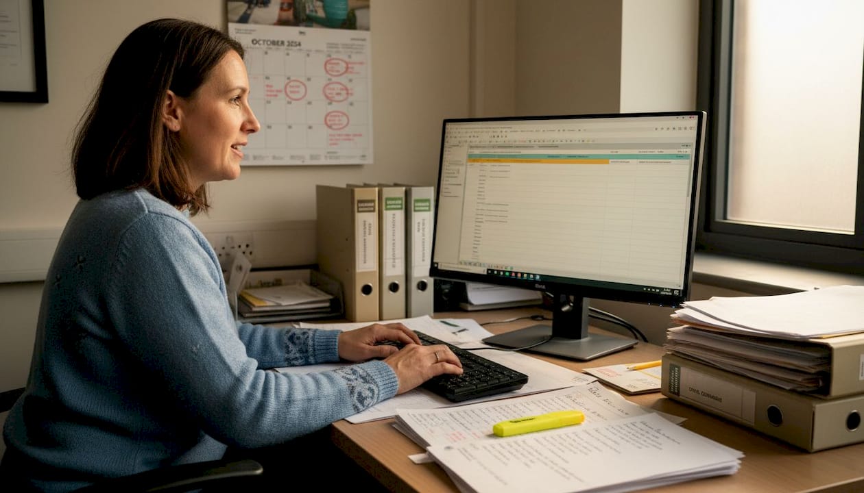 School administrator conducting digital audit at desk