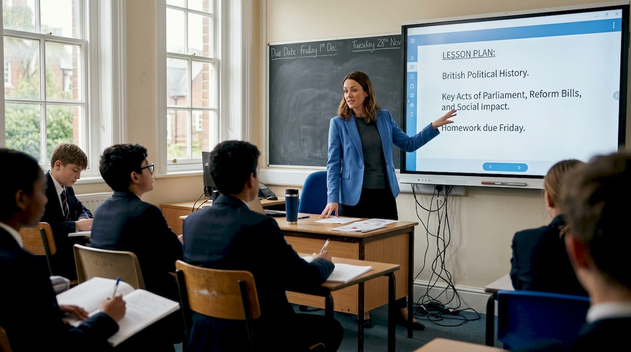 Teacher uses interactive board in classroom