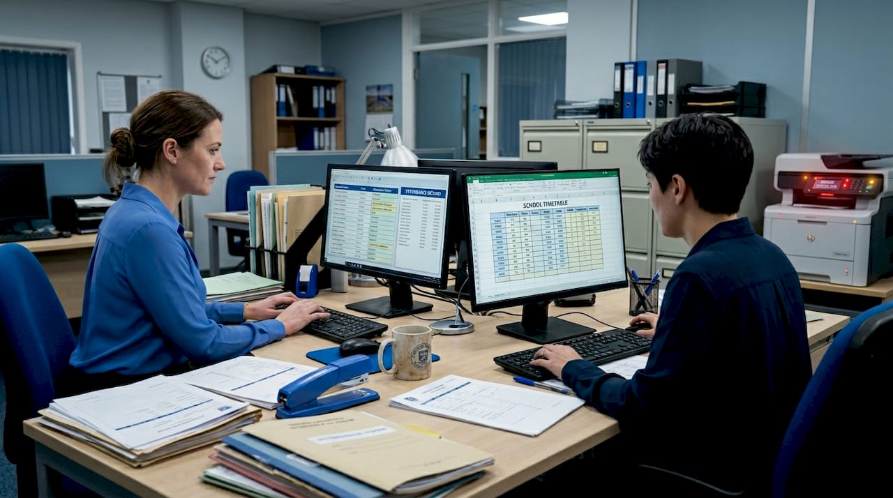 Staff updating student records in school office