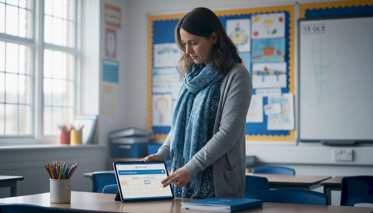 Teacher updating digital school calendar