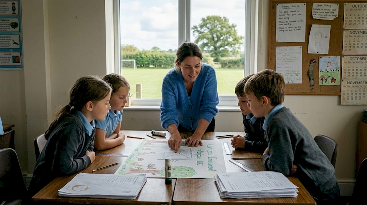 Teacher guiding rural pupils on project
