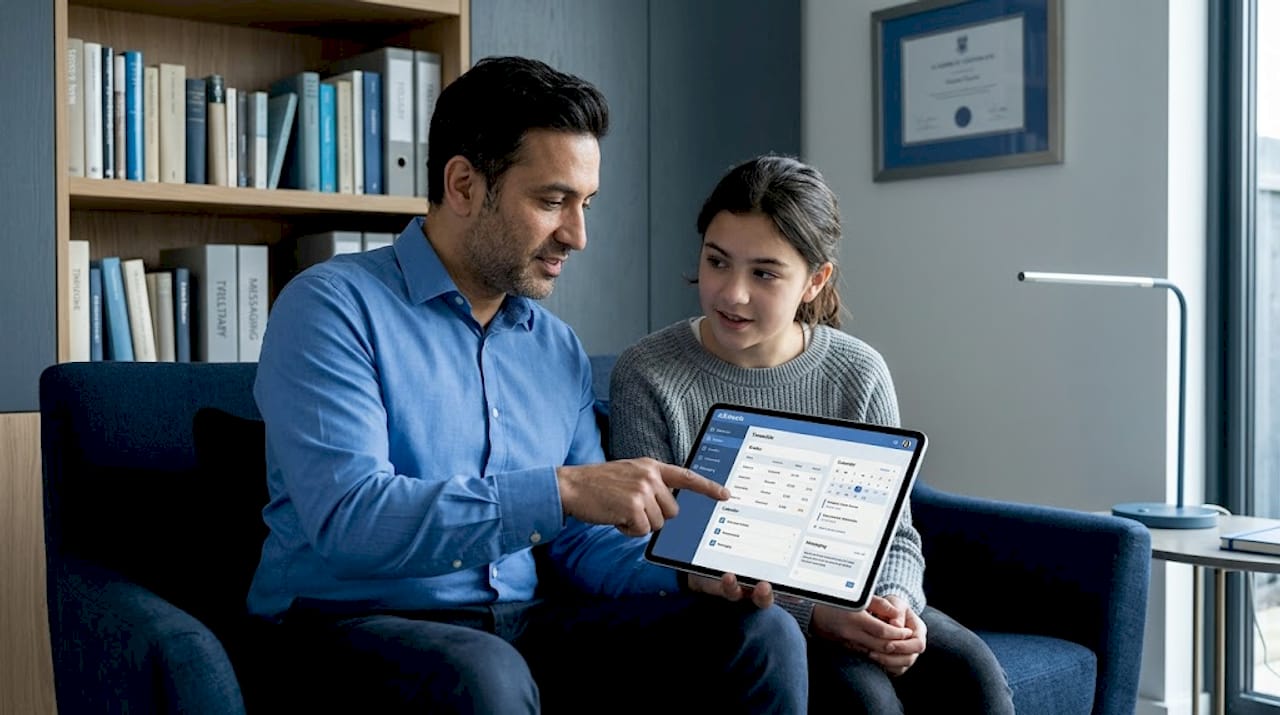Family reviewing school portal at home