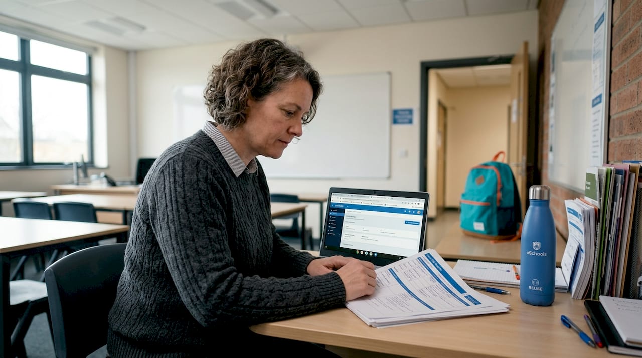 Teacher managing digital tools at classroom desk