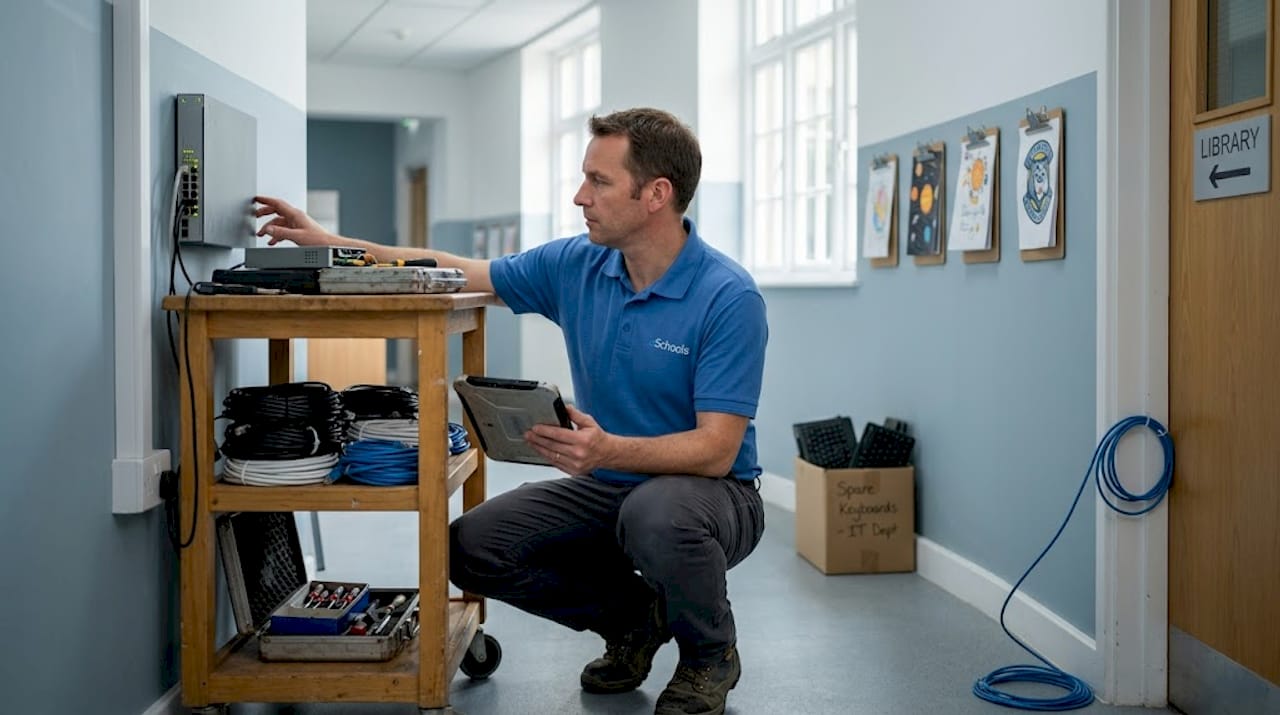 IT manager inspecting school network equipment