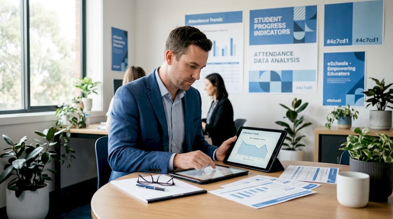 Teacher reviews school analytics on tablet and printouts