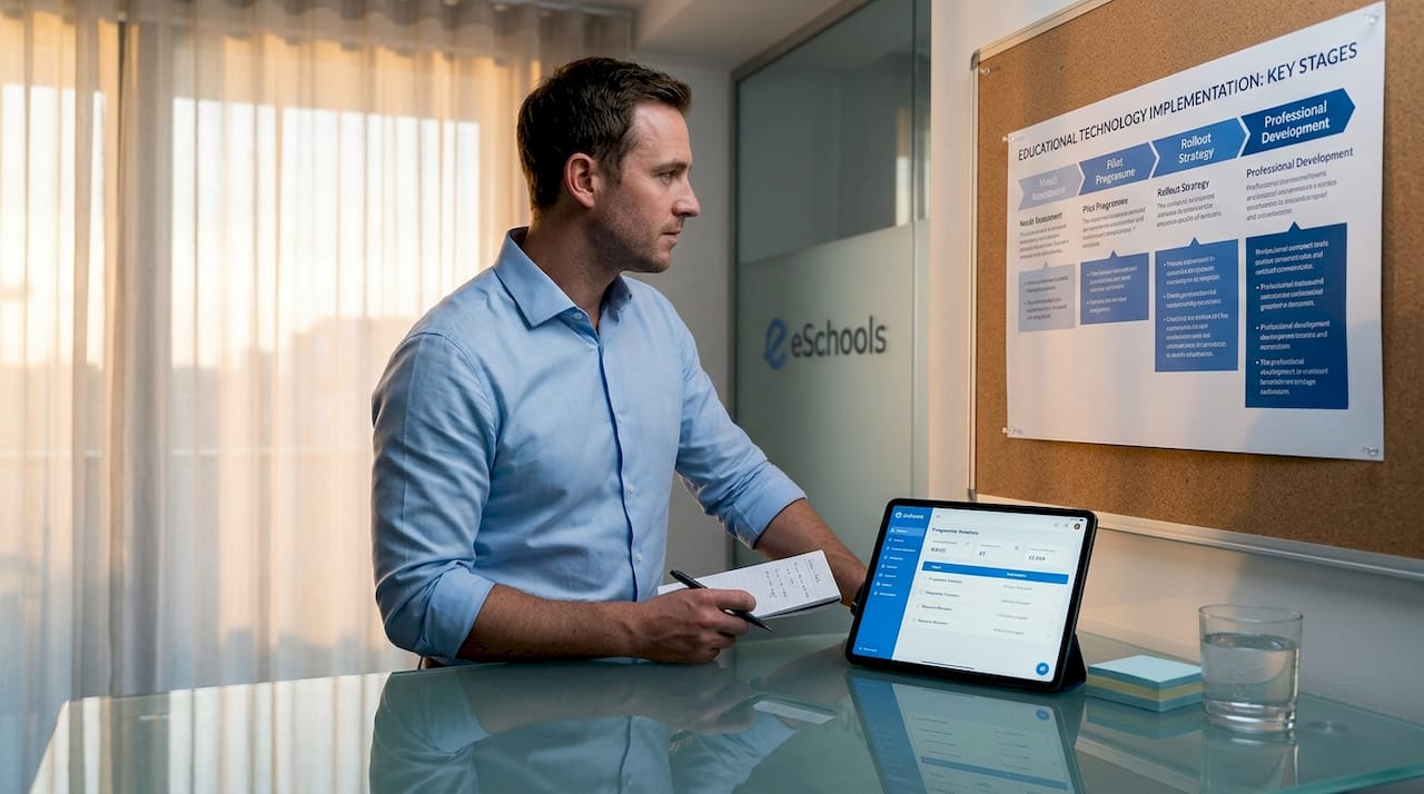 Consultant reviewing educational technology workflow stages