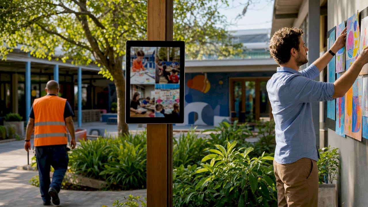 School hallway with photo display and teacher