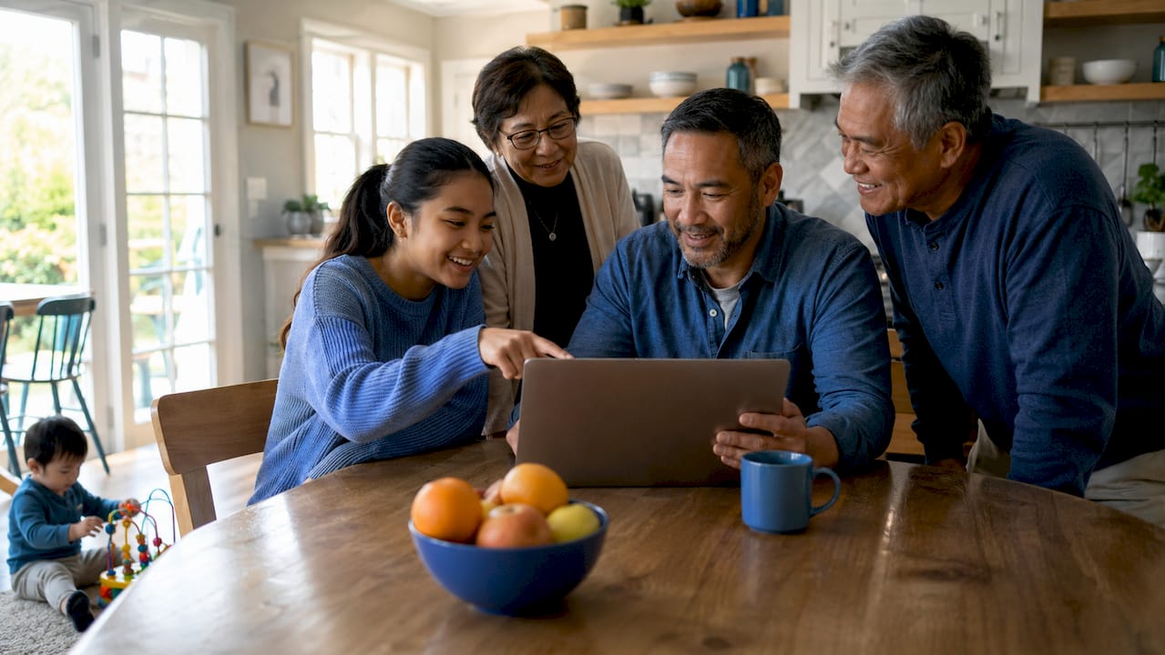 Family interacting with school website on laptop