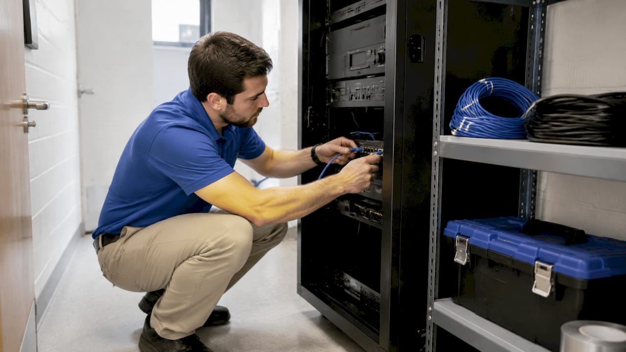 Hands connecting IP gateway to school PA system
