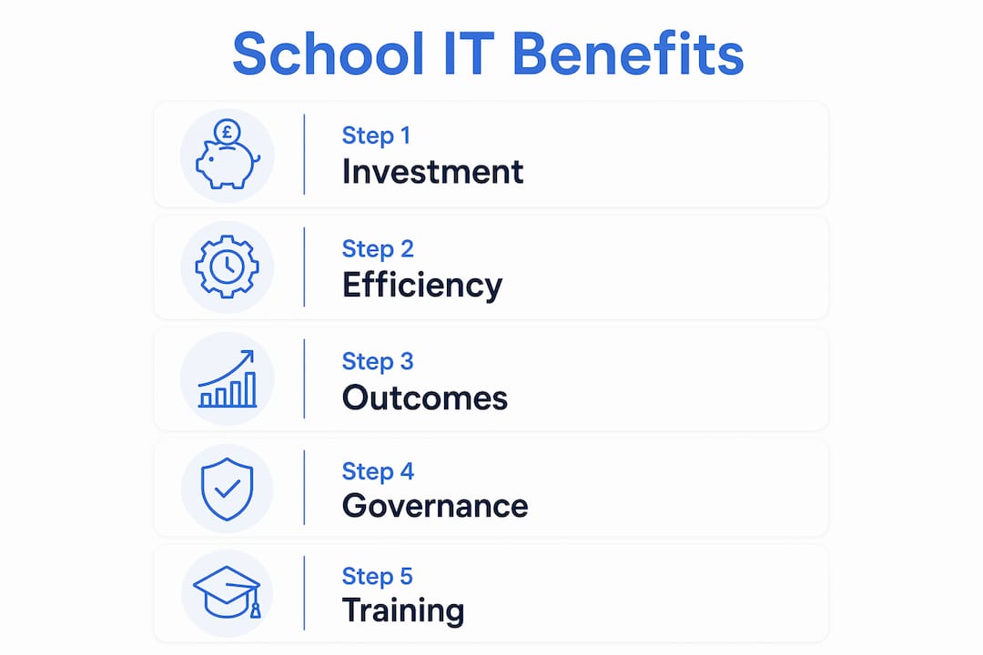 Infographic showing five key steps of school IT benefits