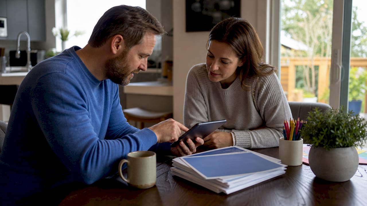 Parents collaborating on school portal tablet