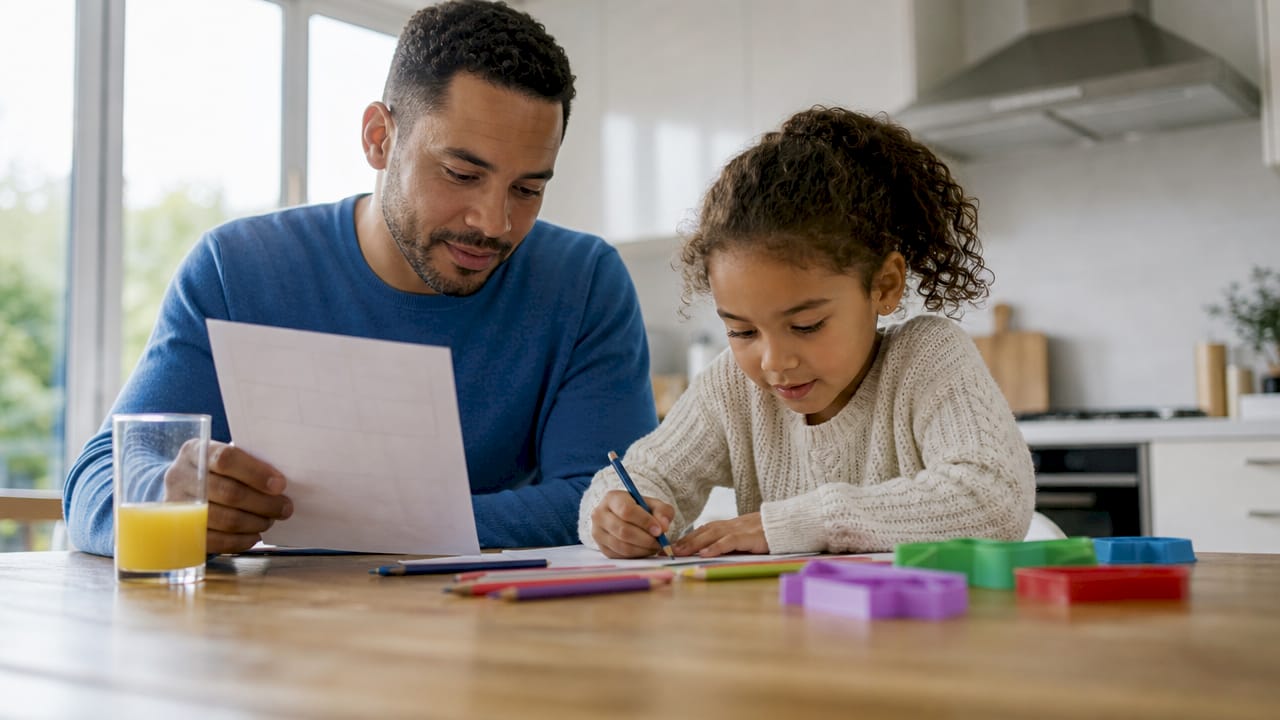 Father and daughter doing homework at kitchen table