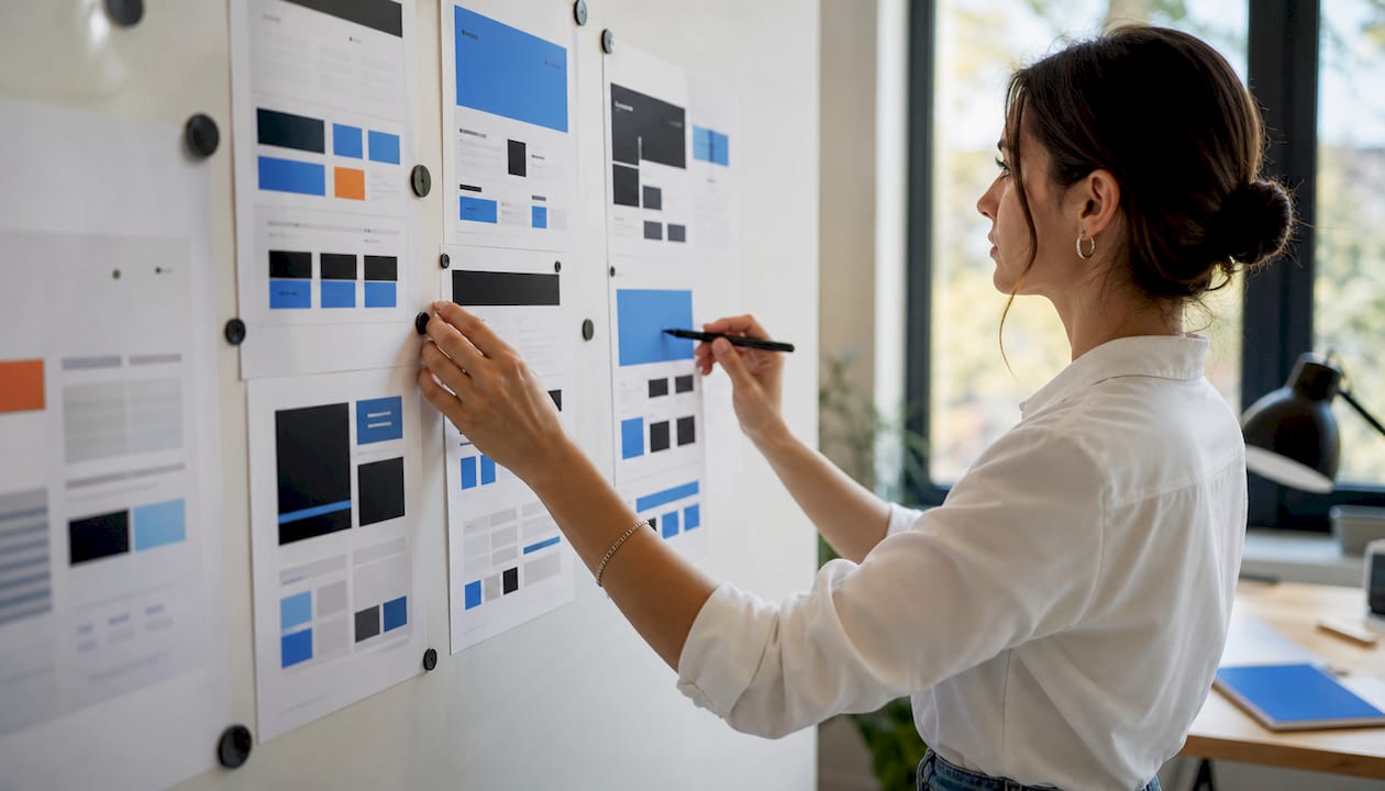 Hands adjusting mobile website design sketches