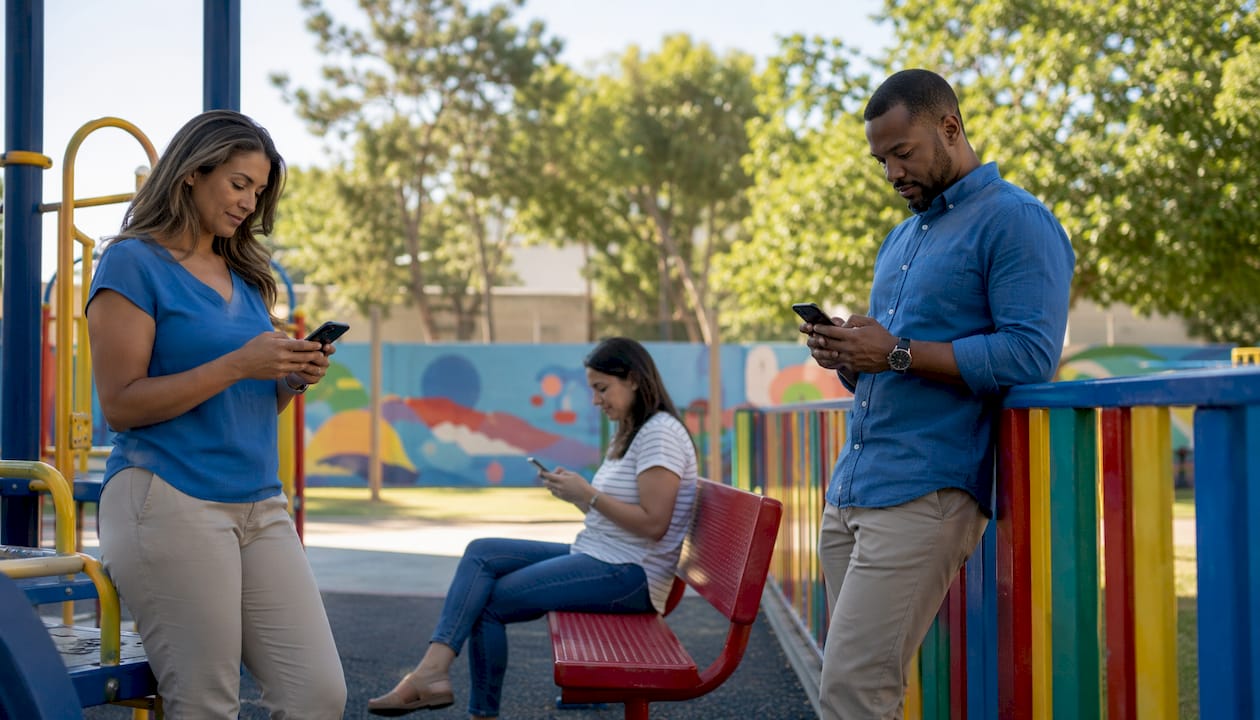 Parents using mobile phones outside school building