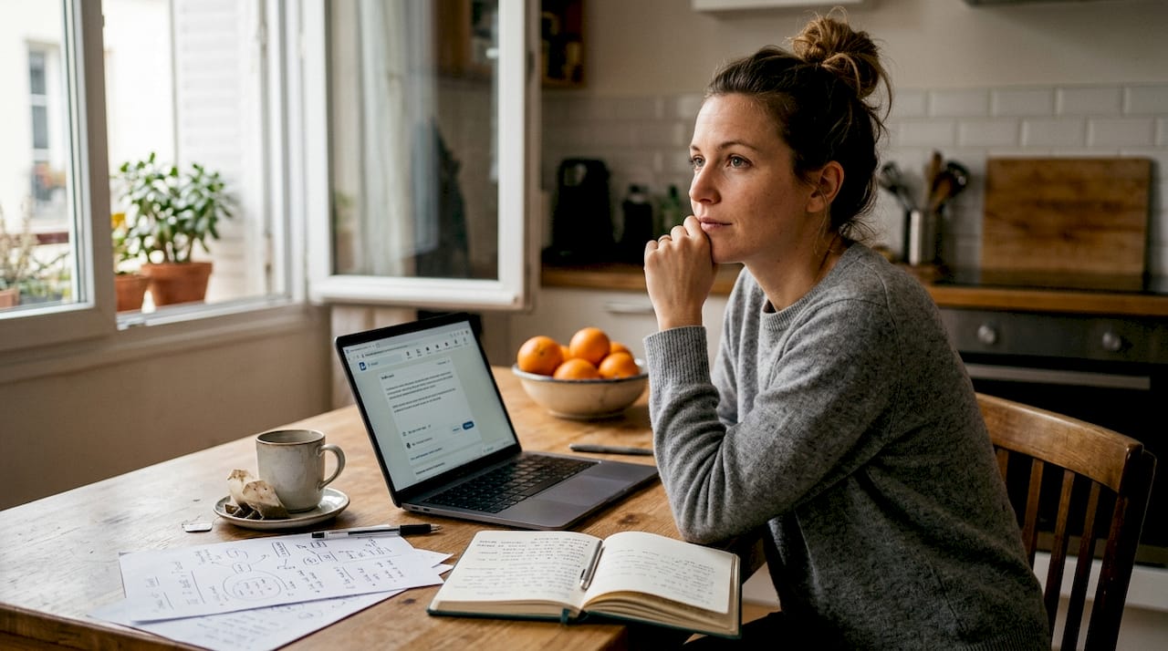 Installée à sa table de cuisine, une femme réfléchit à ses prochains posts LinkedIn.