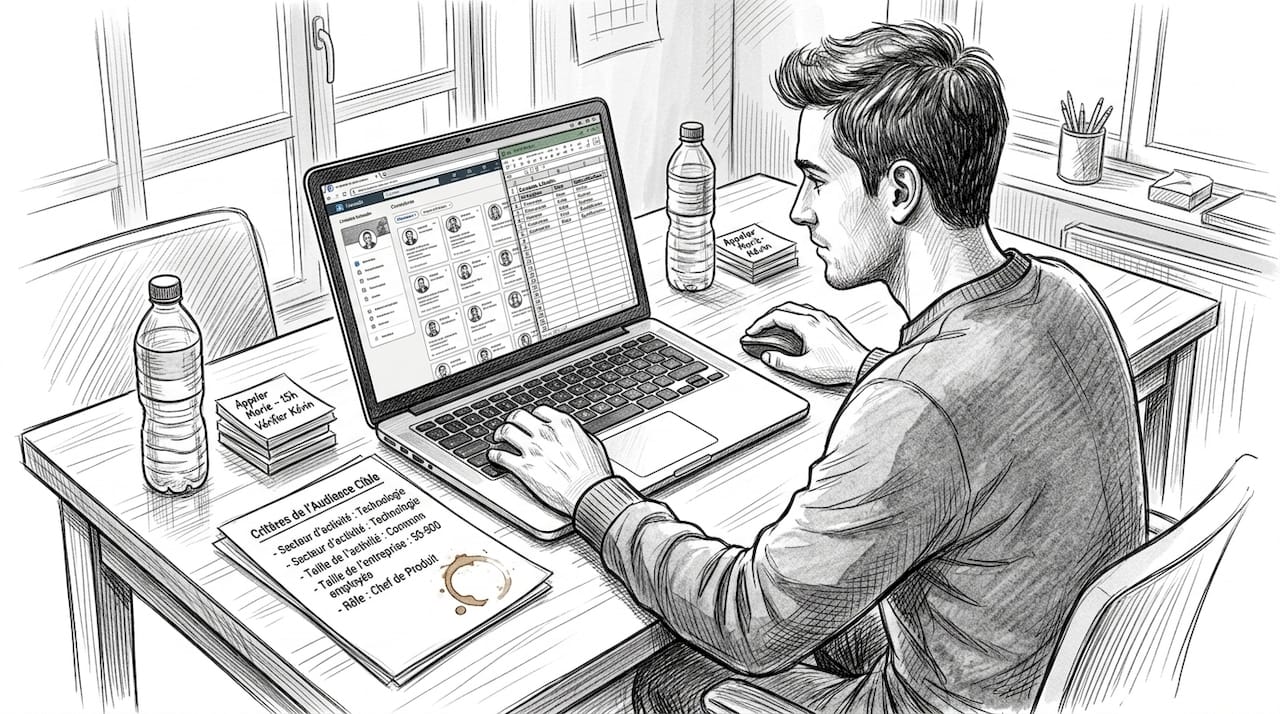 Analyste en train de qualifier ses contacts LinkedIn au bureau