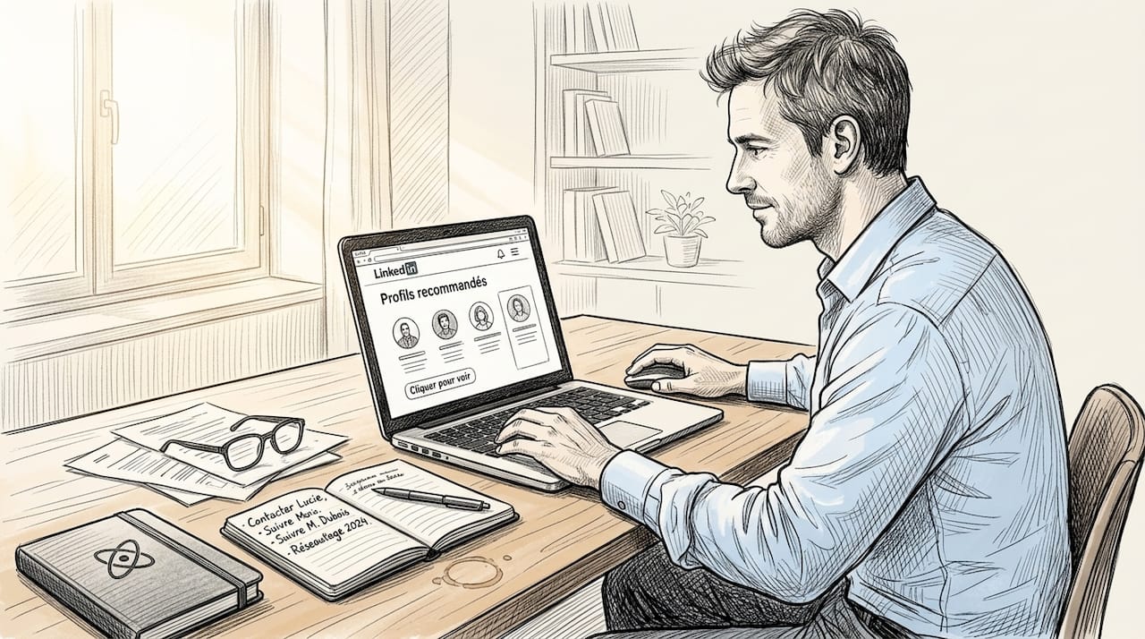 Un homme commence à mettre à jour son profil LinkedIn depuis son bureau, prêt à donner un nouvel élan à sa carrière.