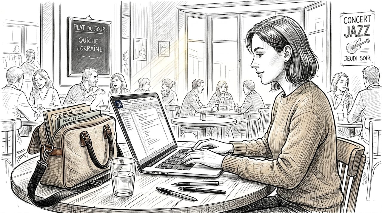 Un professionnel en train de gérer son CRM LinkedIn tout en savourant un café dans une brasserie animée.