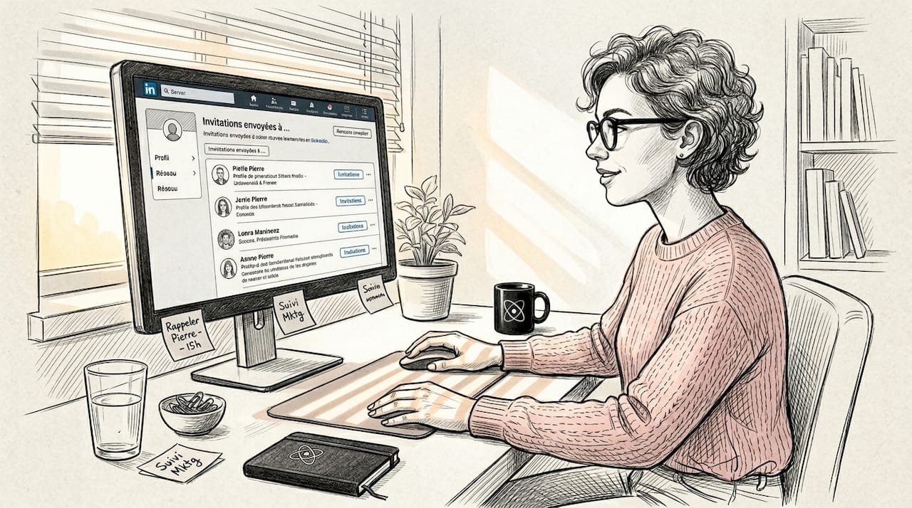 Une femme en télétravail en train d’envoyer des messages professionnels sur LinkedIn.