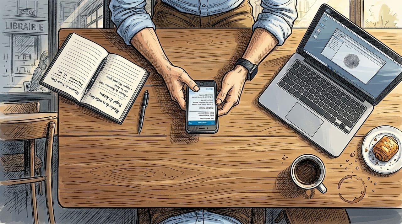 Installé dans un café, un homme rédige un message personnalisé sur LinkedIn, prenant soin d’adapter son approche à son interlocuteur.