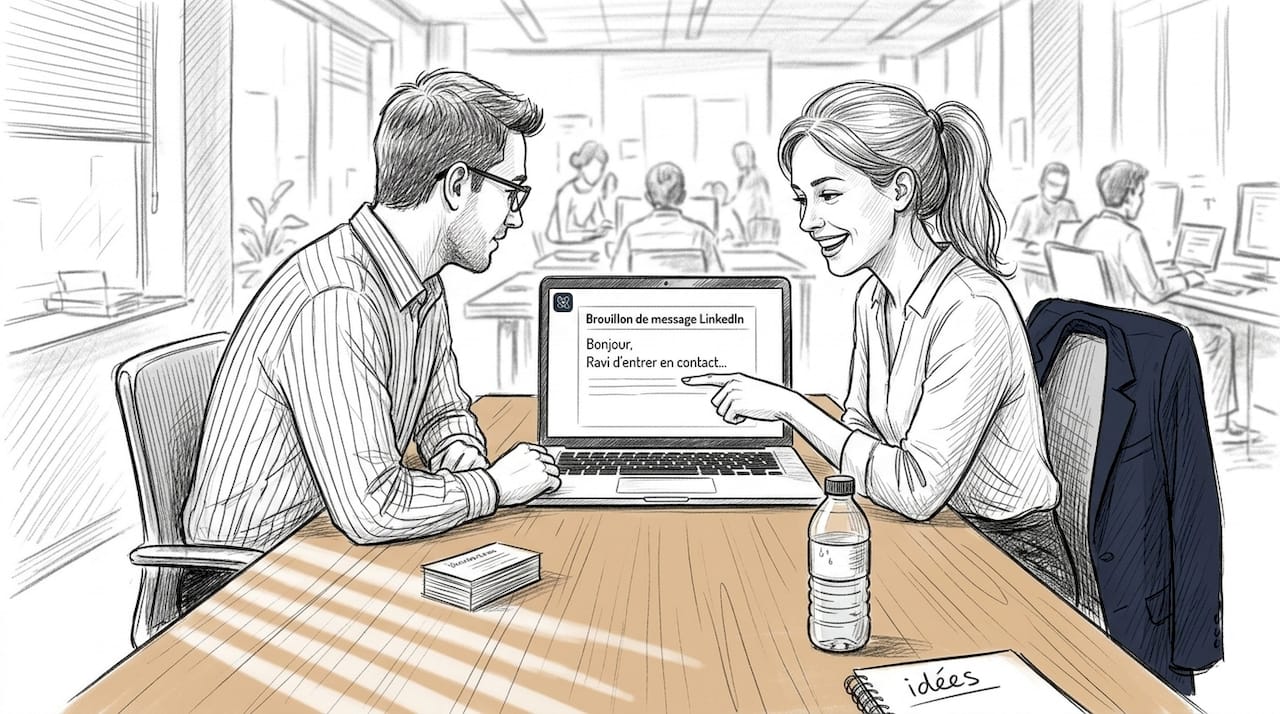 Des collègues relisent ensemble un message avant de l’envoyer sur LinkedIn.