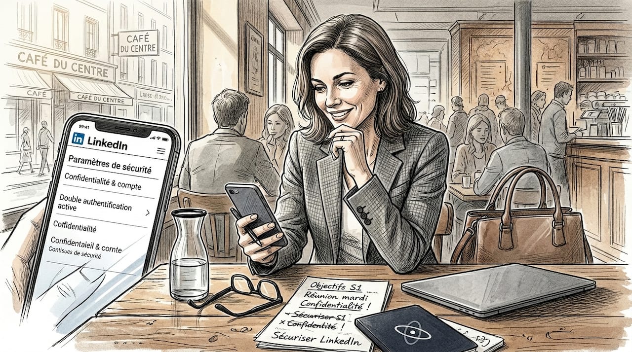 Une femme consulte les paramètres de sécurité de son profil LinkedIn en prenant un café.