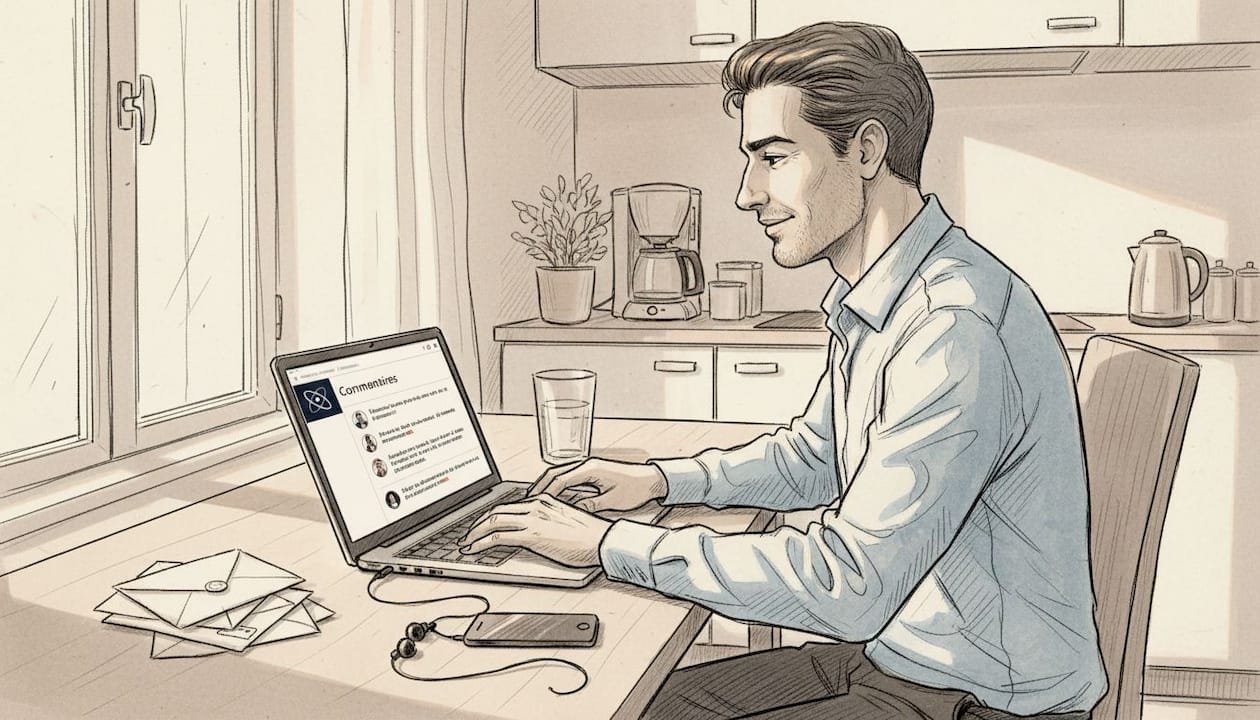 Un homme installé à sa table de cuisine, en train de répondre aux commentaires sur LinkedIn.
