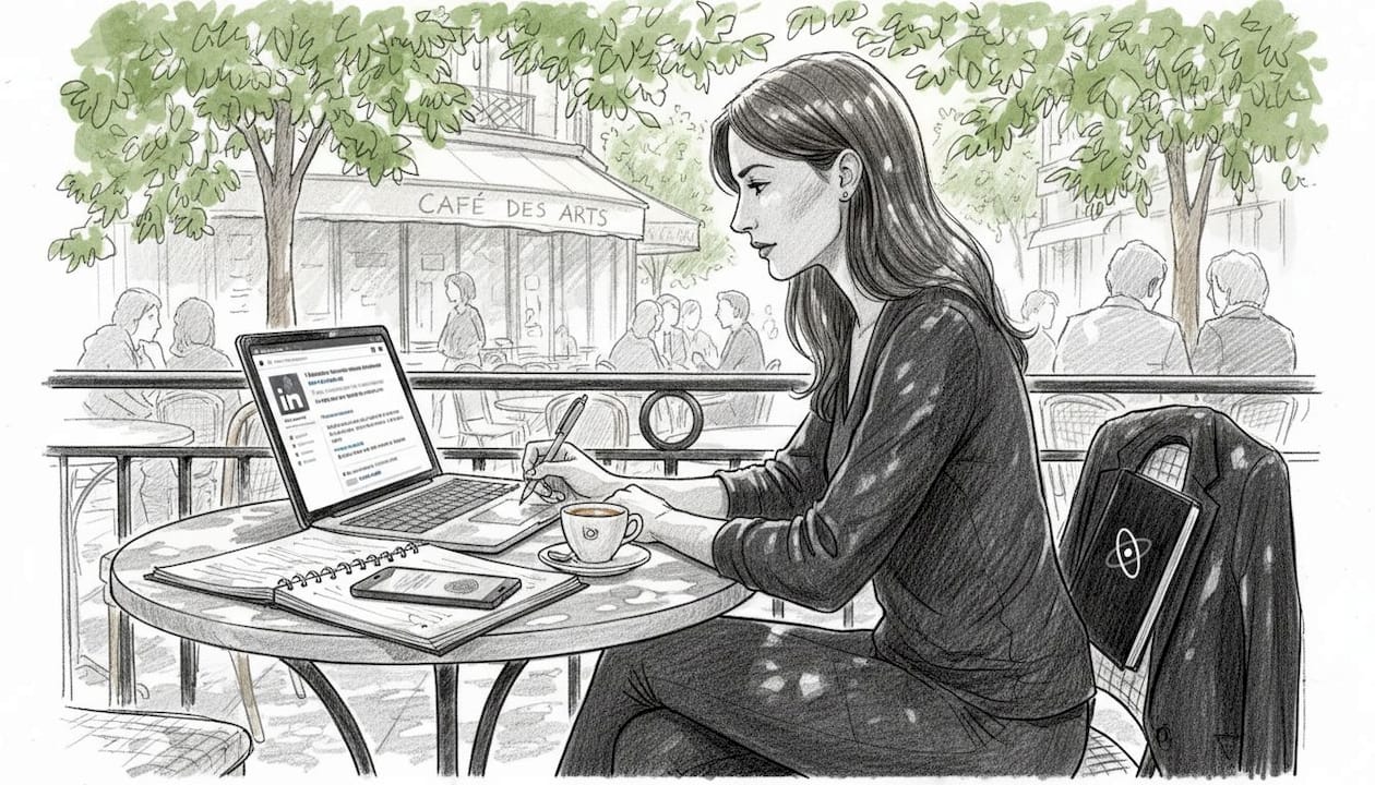 Une femme ajuste le moment d’envoi de ses messages LinkedIn tout en profitant de l’extérieur.