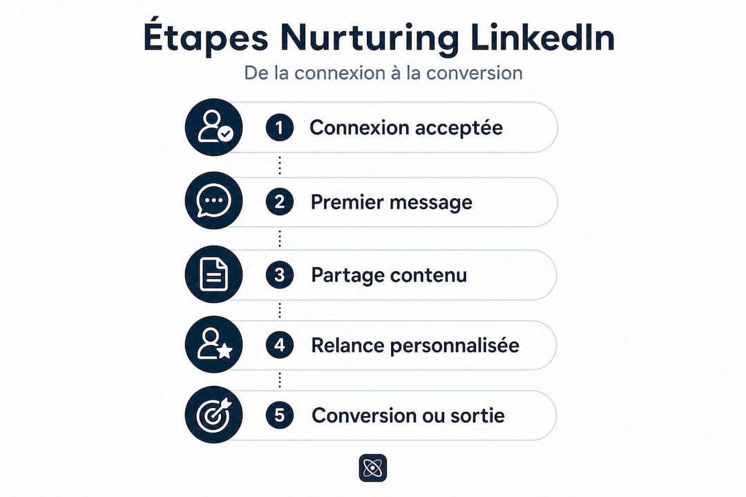 Schéma des différentes étapes pour accompagner un prospect sur LinkedIn