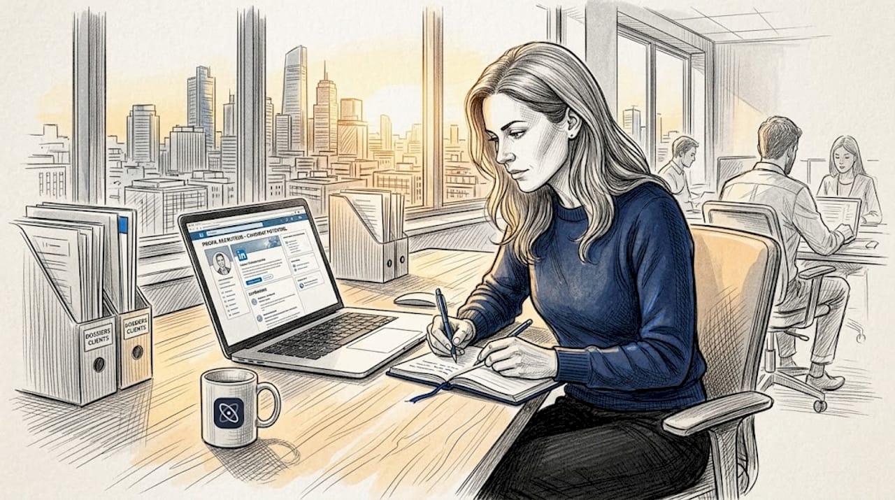 Une femme passe en revue des profils LinkedIn pour identifier de nouveaux prospects.
