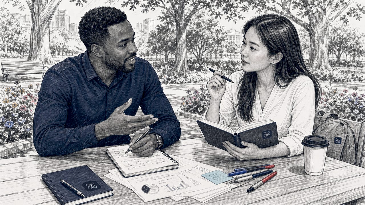 Deux professionnels échangent autour de leurs profils LinkedIn dans un espace de coworking.