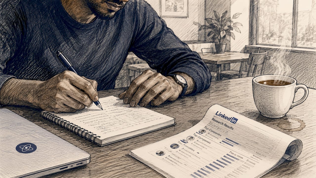 Des mains qui prennent des notes sur les profils LinkedIn à cibler
