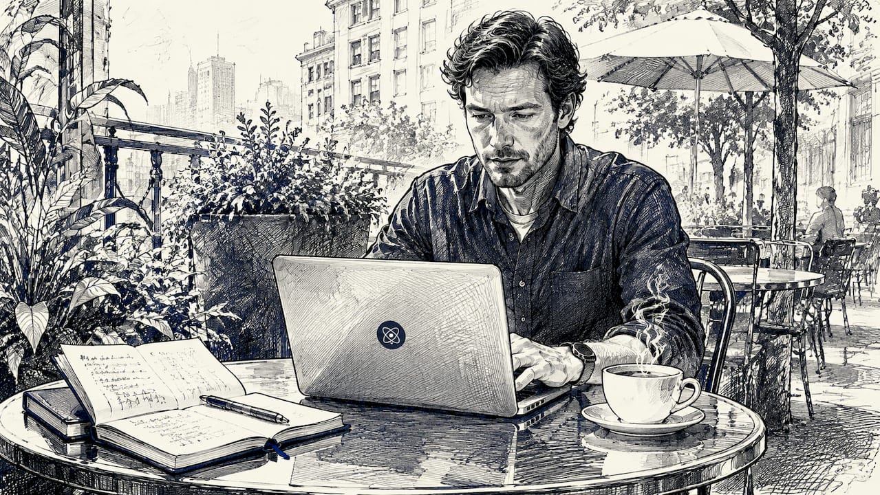 Un homme en train de préparer ses campagnes LinkedIn installé confortablement dans un café