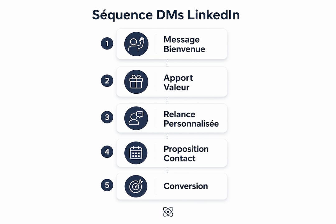 Schéma des différentes étapes d’une séquence d’automatisation sur LinkedIn
