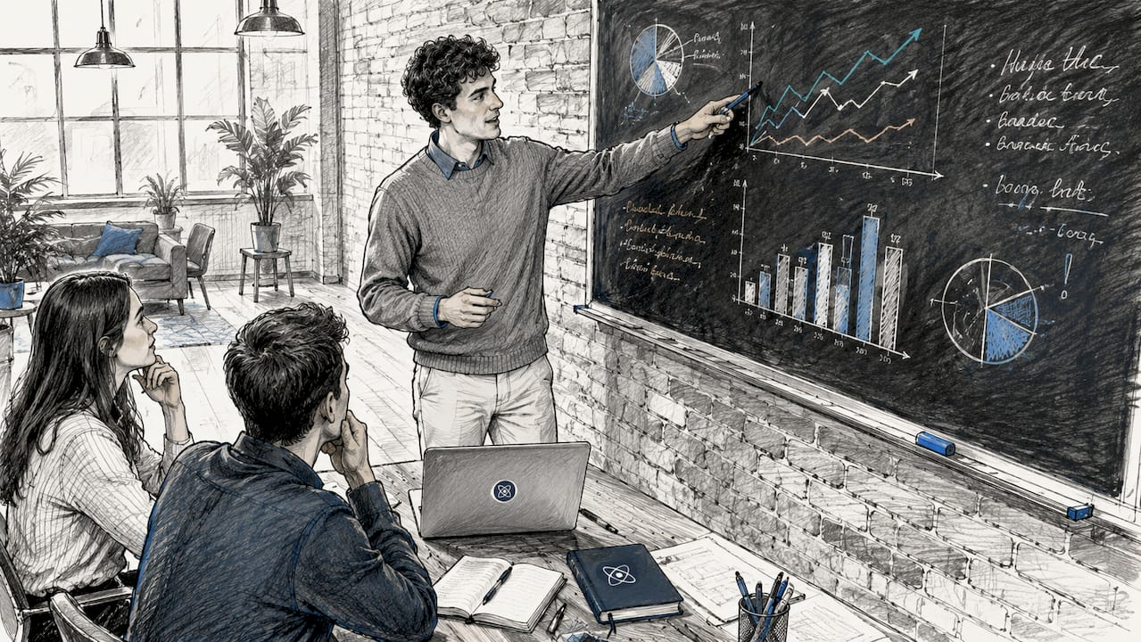 Un expert analyse et présente des données sur un tableau interactif dédié au secteur B2B.